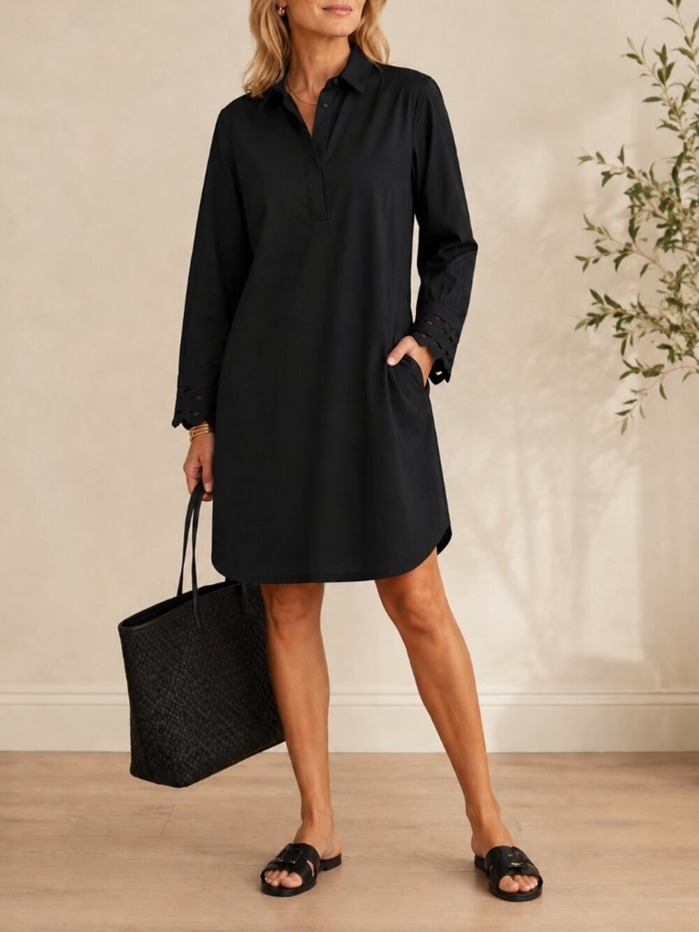 Chico’s Black Shirt Dress Collared Minimalist Classic Chic Tunic Size 2 Preppy